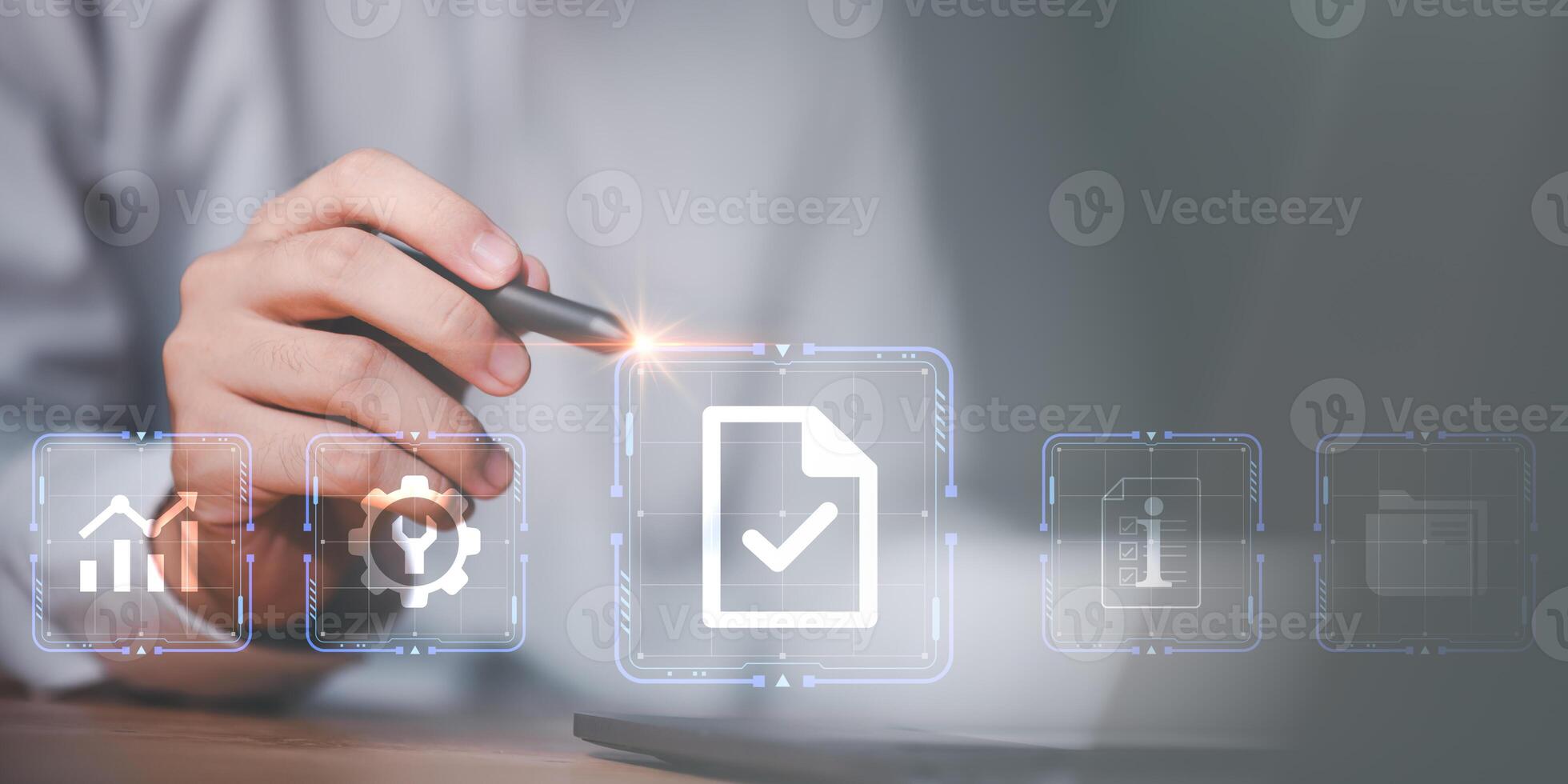 Organization's important document storage management, document system, accountant checks documents, accountant demonstrates the concept of office document auditing, audit process plan photo