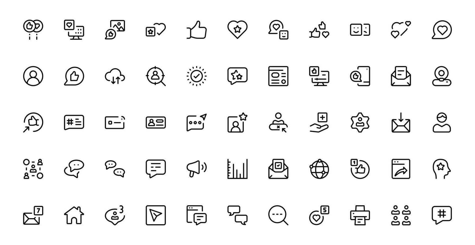 Modern Social Media Icon Set Featuring Communication, Network, Chat, Sharing, and Notification Symbols in a Minimal Professional icons vector