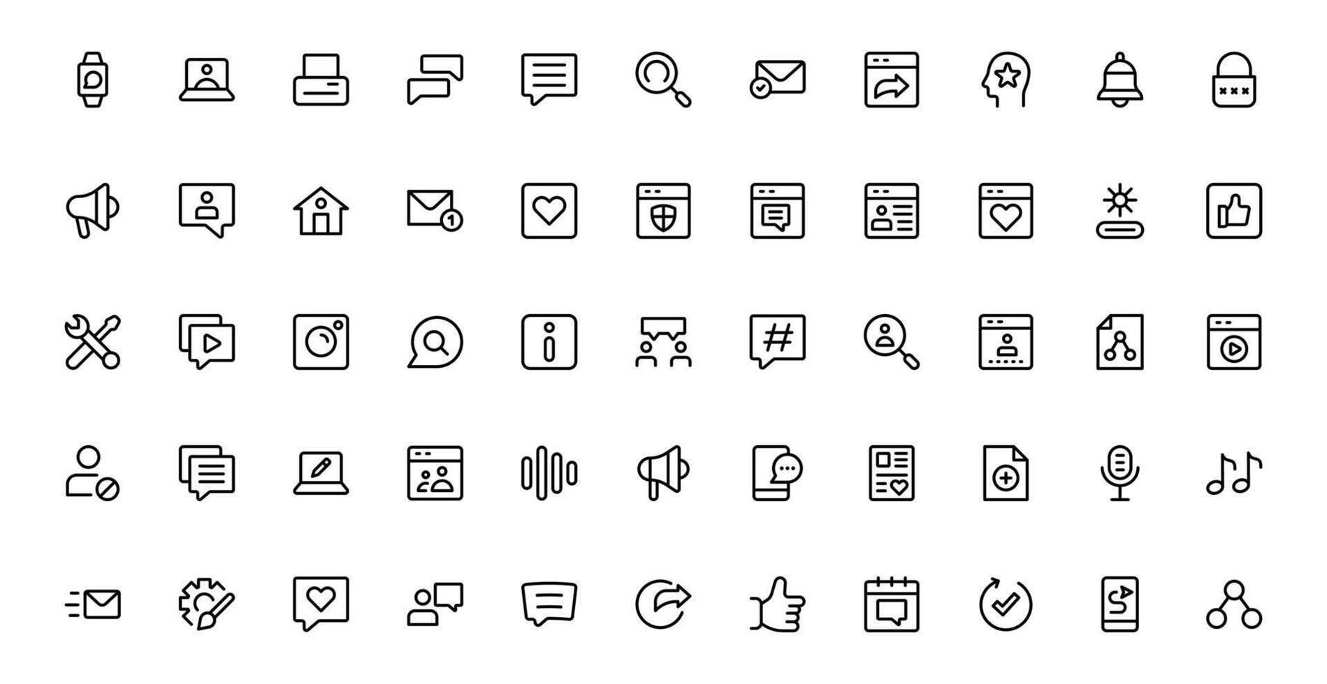 Modern Social Media Icon Set Bundle Featuring Communication, Network, Chat, Sharing, and Notification Symbols in a Minimal Professional. vector