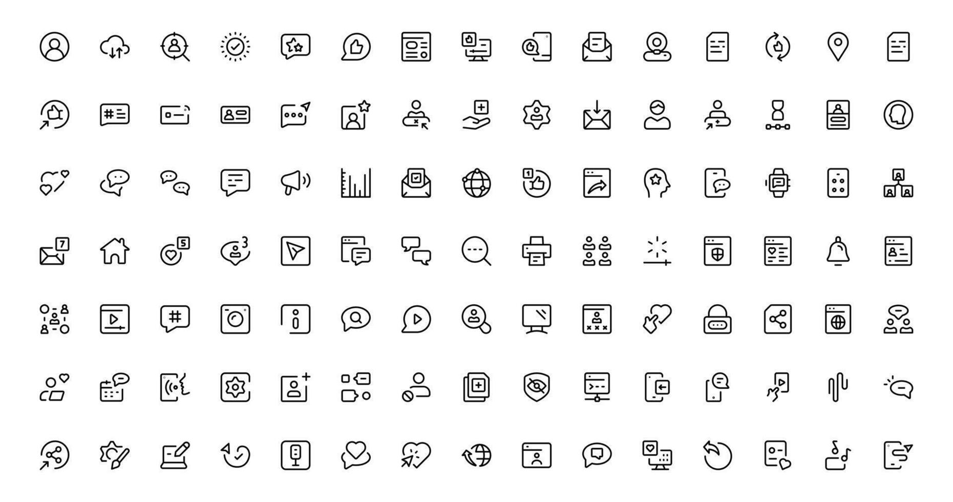 Modern Social Media Icon Pack Featuring Communication, Network, Chat, Sharing, and Notification Symbols in a Minimal Professional vector