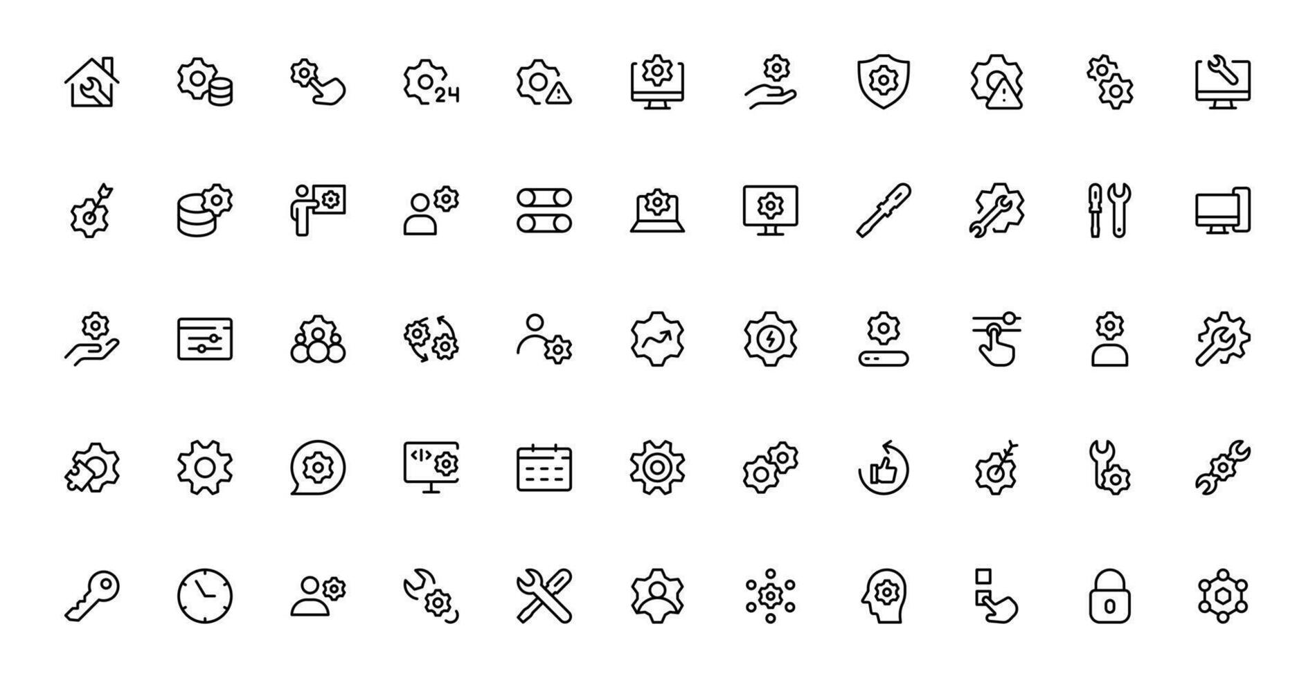 Settings Maintenance Line Packa Set. Configuration, system update, technical support, tools, service editable stroke icon vector