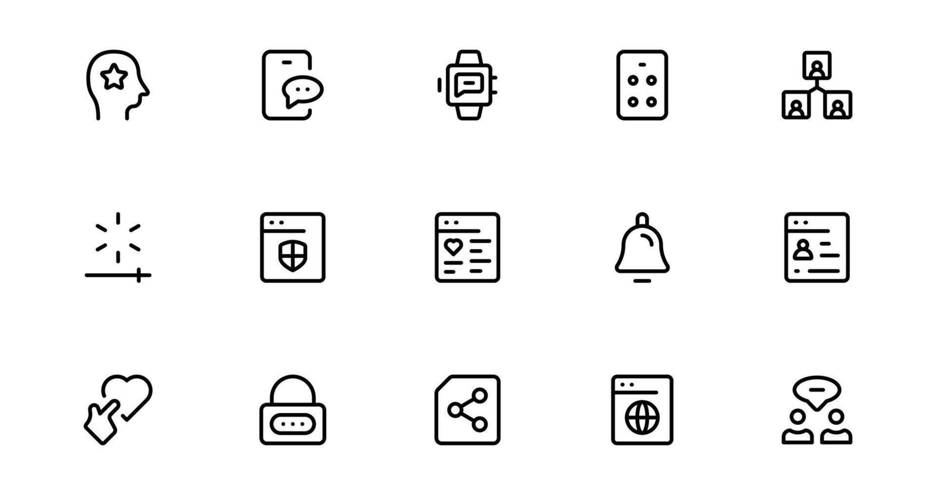 Modern Social Media Icon Set Featuring Communication, Network, Chat, Sharing, and Notification Symbols in a Minimal set vector