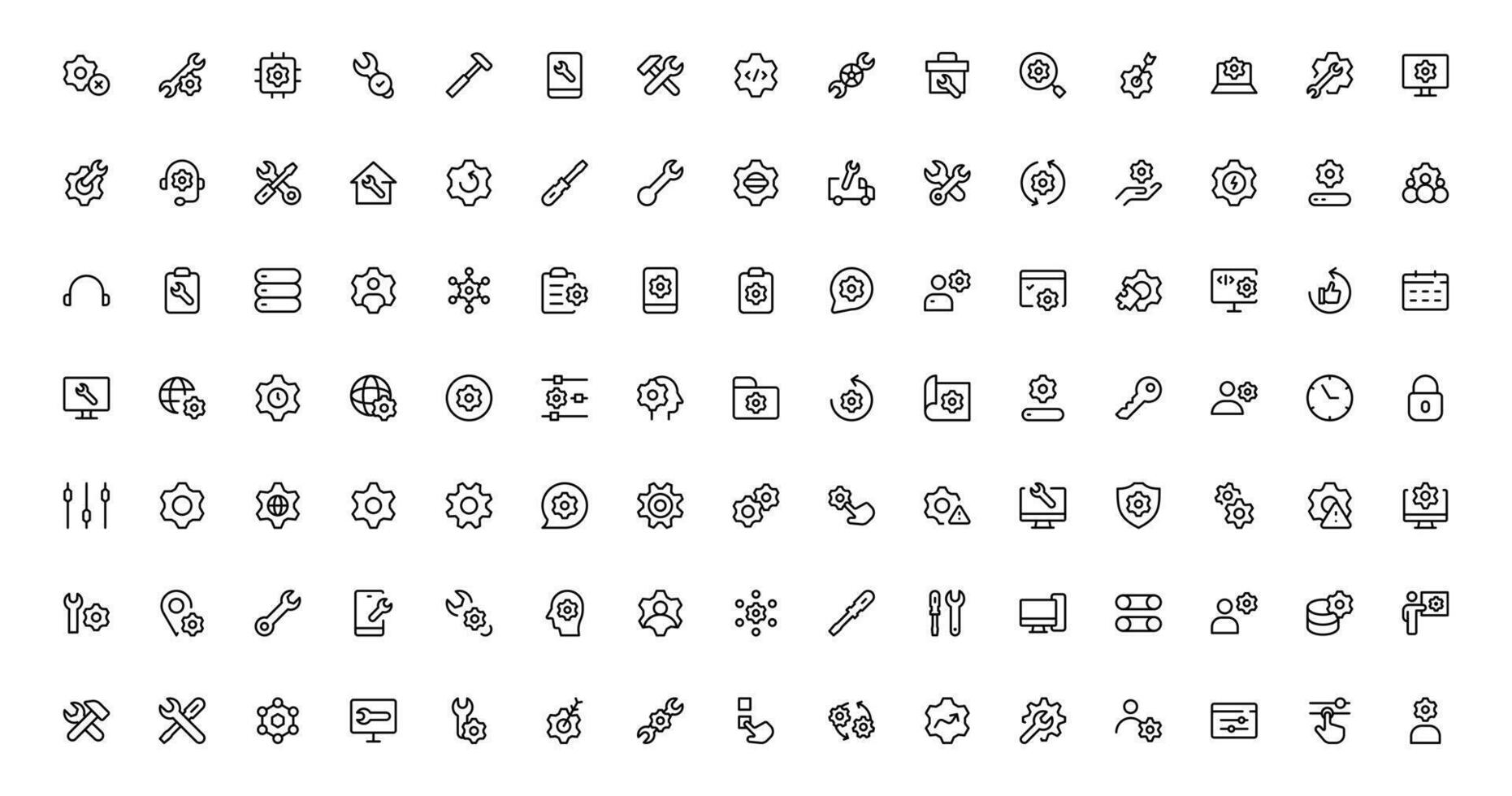 Settings Maintenance Line Icons Set Configuration, system update, technical support, tools, service editable stroke icon collection vector
