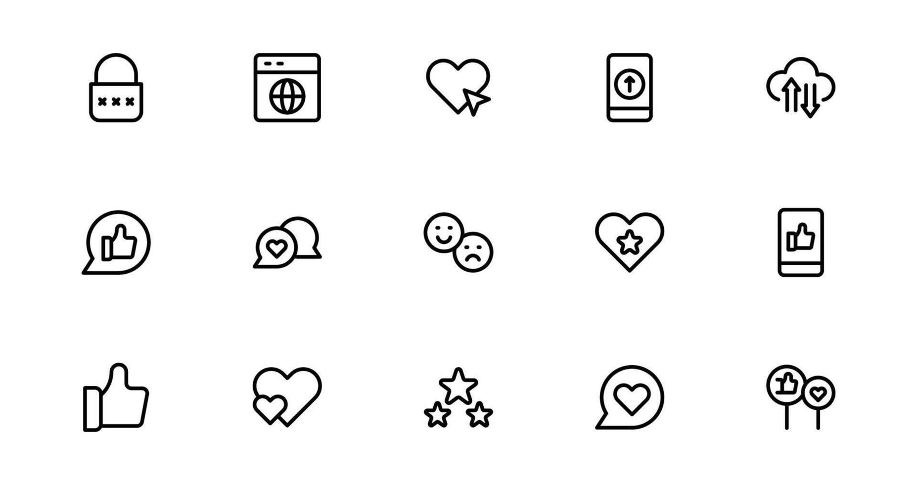 Modern Social Media Icon Set Featuring Communication, Network, Chat, Sharing, and Notification Symbols in a Minimal Professional Collection Design vector