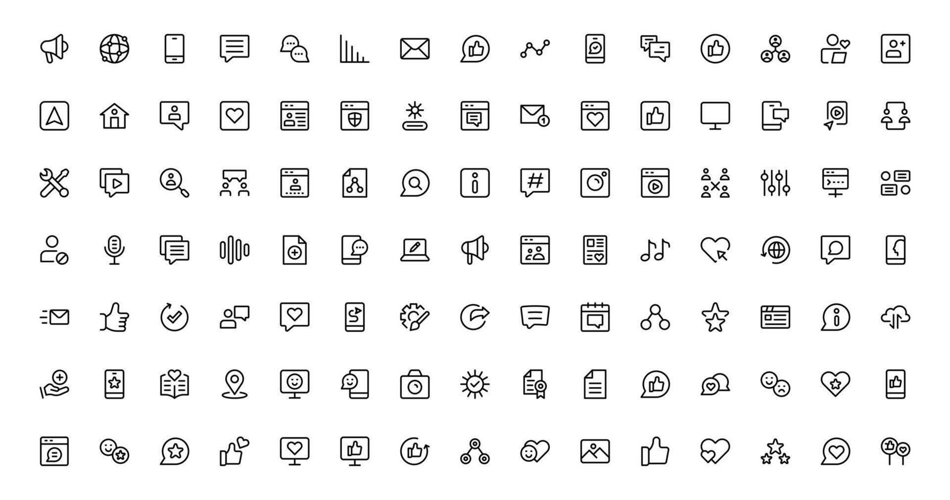 Modern Social Media Icon Set Collection Featuring Communication, Network, Chat, Sharing, and Notification Symbols in a Minimal Professional vector