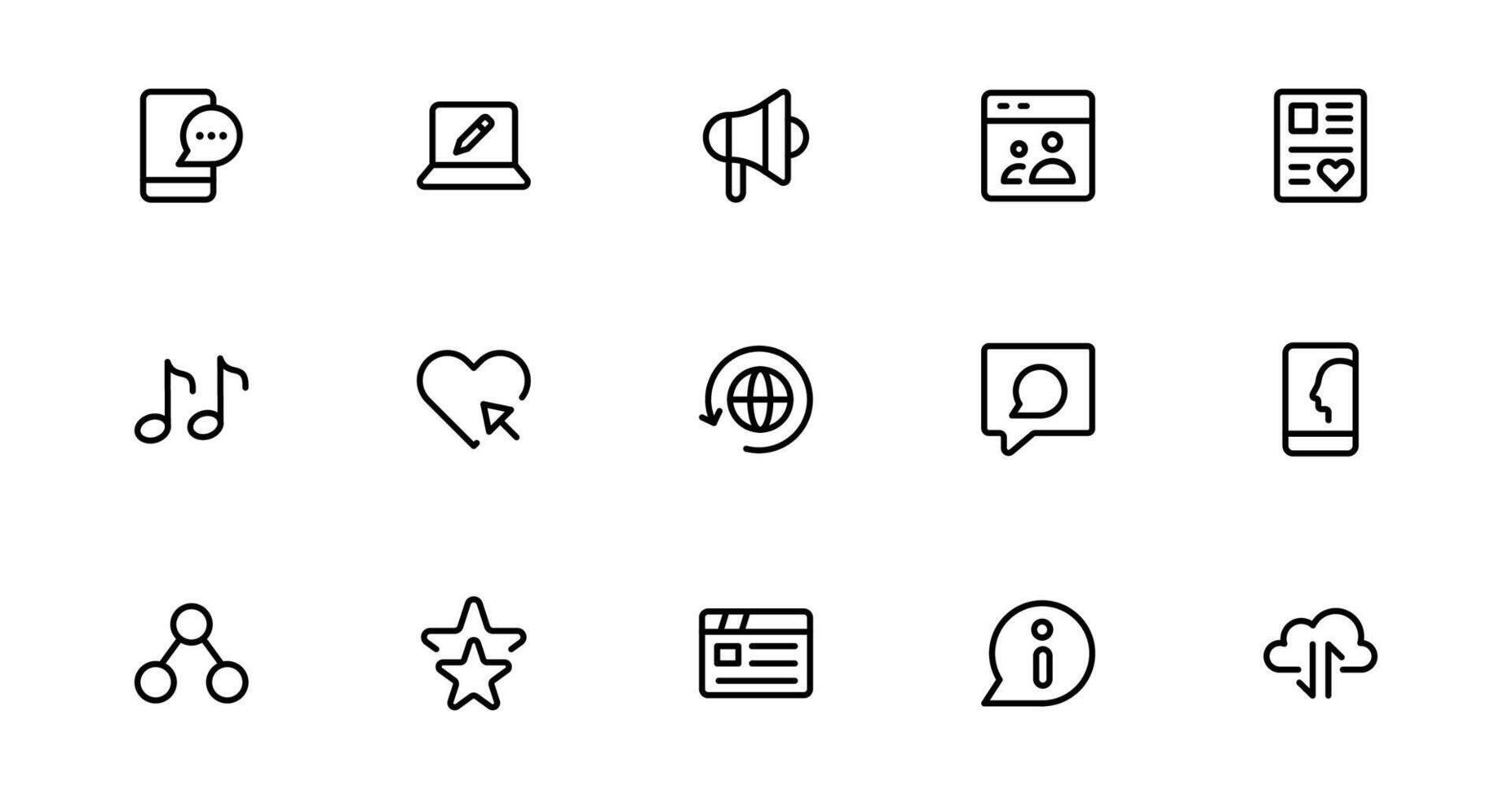 Modern Social Media Icon Pack Featuring Communication, Network, Chat, Sharing, and Notification Symbols in a Minimal Professional Style vector