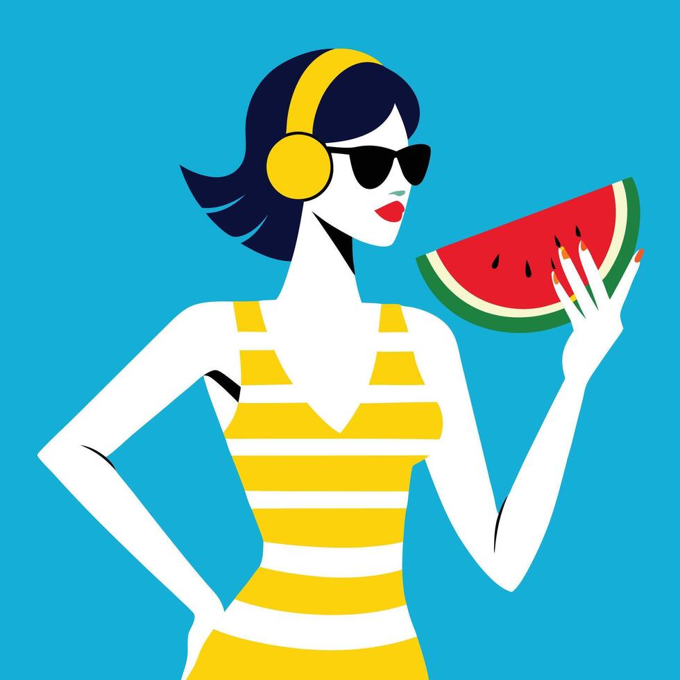 Woman with watermelon and sunglasses vector