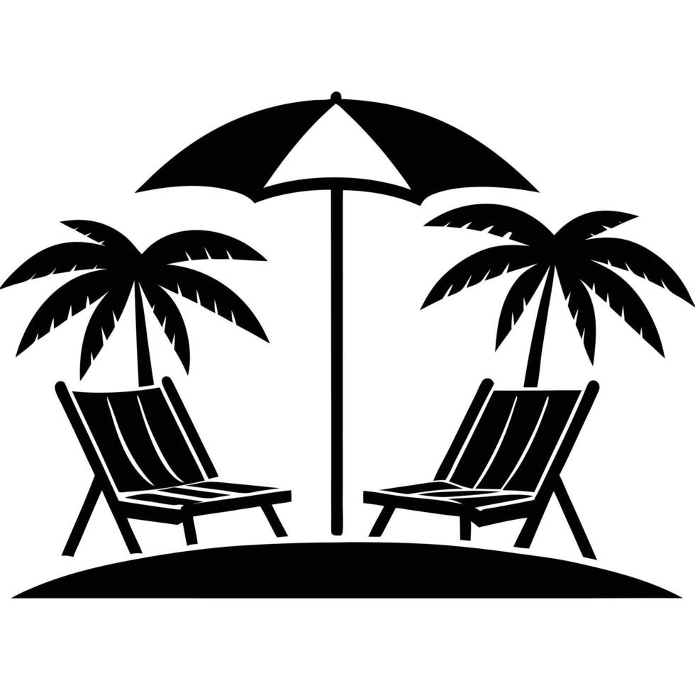 Beach Relaxation Deck Chairs, Palm Trees, and Umbrella Icon Illustration vector