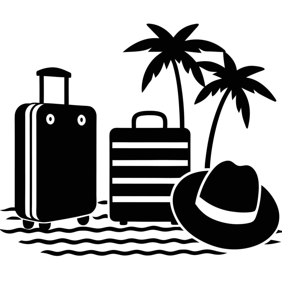 Beach Vacation Icon Suitcases, Palm Trees, and a Hat Ready for Travel vector