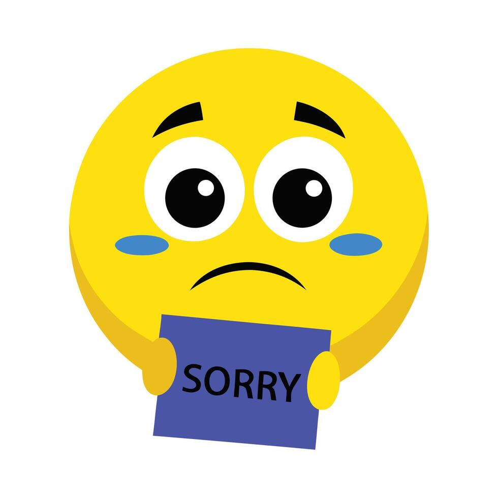 Sad Emoji Holding Sorry Sign, Expressing Regret and Apology in Cartoon Style vector