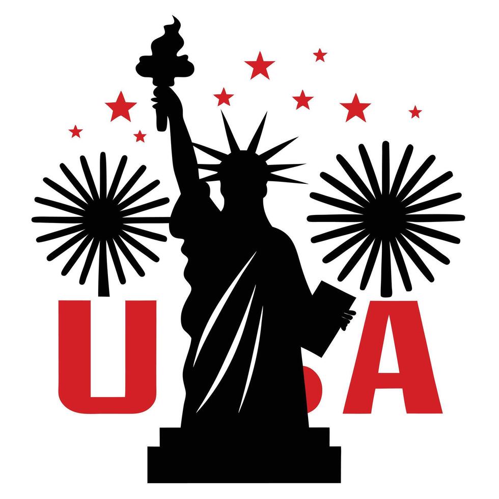 USA Independent Day Celebration with Statue of Liberty, Stars and Fireworks Graphics vector