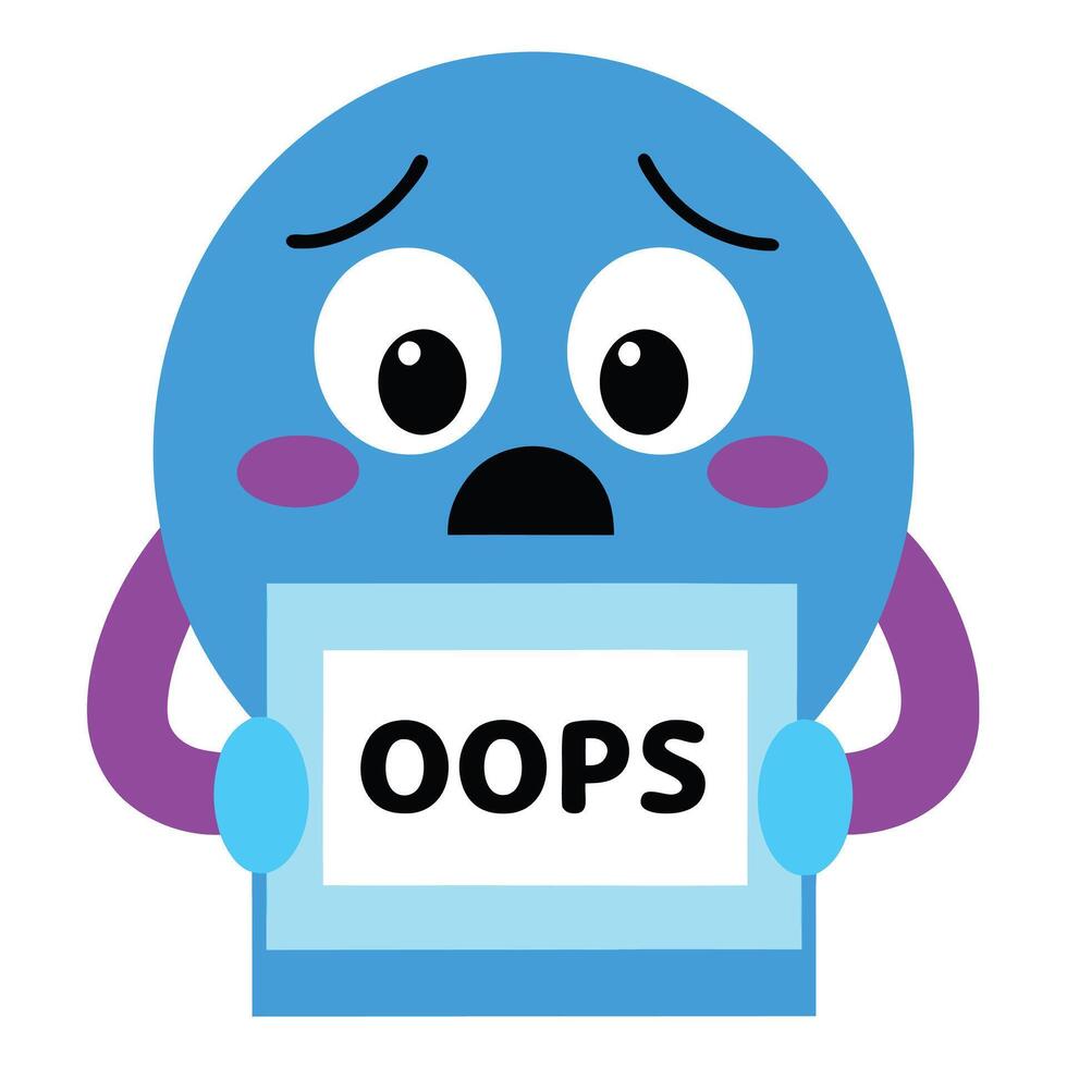 Cartoon Blue Character Holding an OOPS Sign with a Sad Expression vector