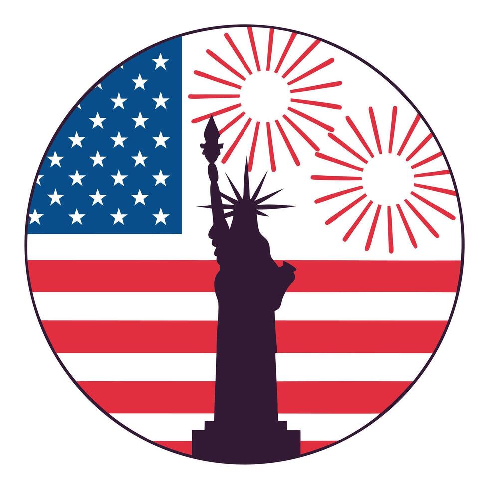 Celebrating USA Independent Day Statue of Liberty, American Flag, and Festive July Fireworks Emblem vector