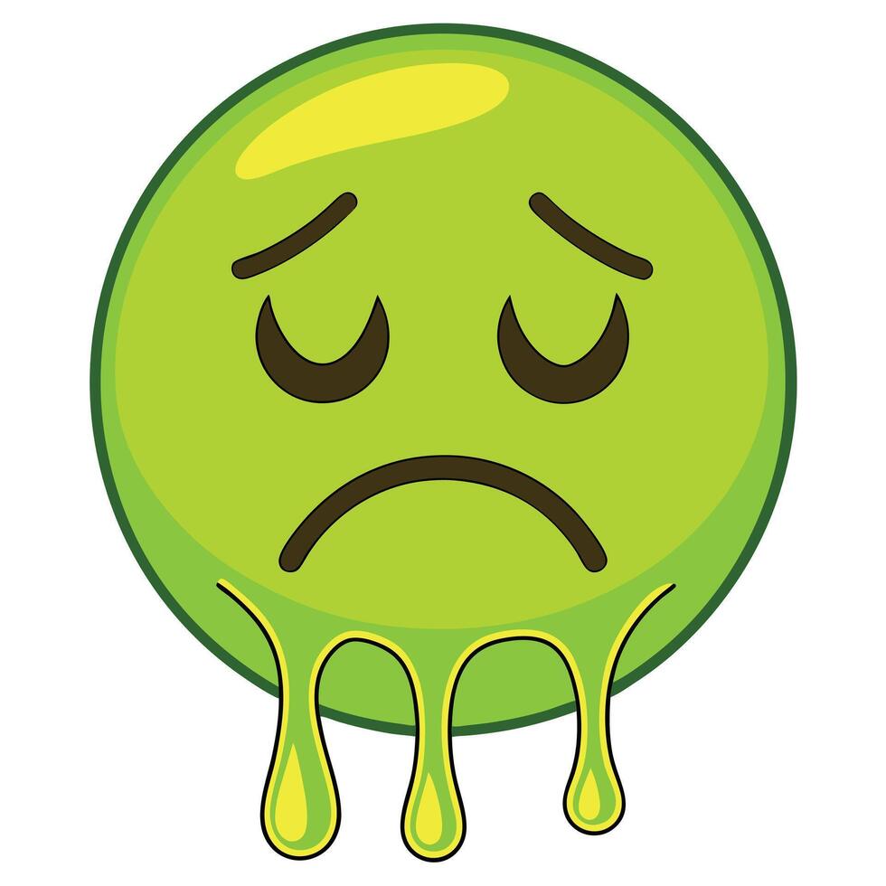 Green Sick Emoji with Dripping Substance, Sad and Gloomy Expression Illustration vector
