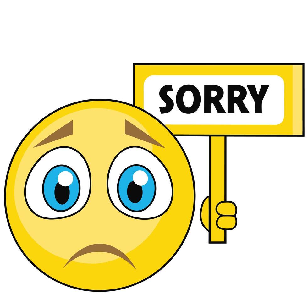Cartoon Emoji Expressing Regret While Holding Sign That Reads Sorry With Blue Eyes vector