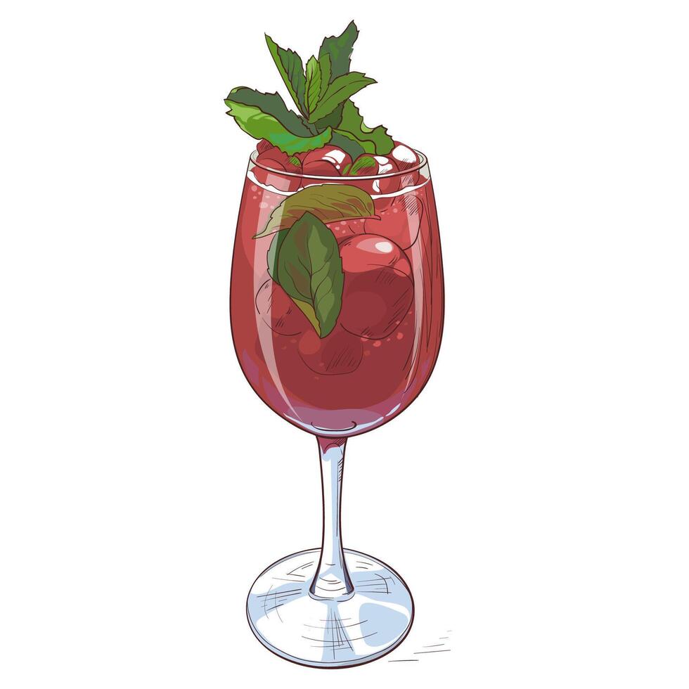 Red cocktail with mint garnish in a wine glass. A fruity and refreshing summer alcoholic beverage. illustration vector