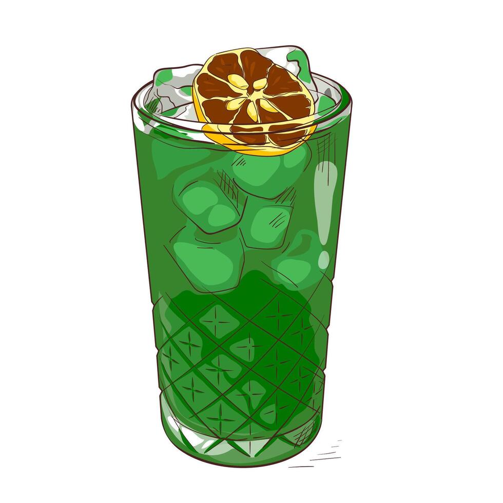 Bright green iced cocktail with orange slice. Exotic, tropical drink perfect for summer menus and mixology visuals vector