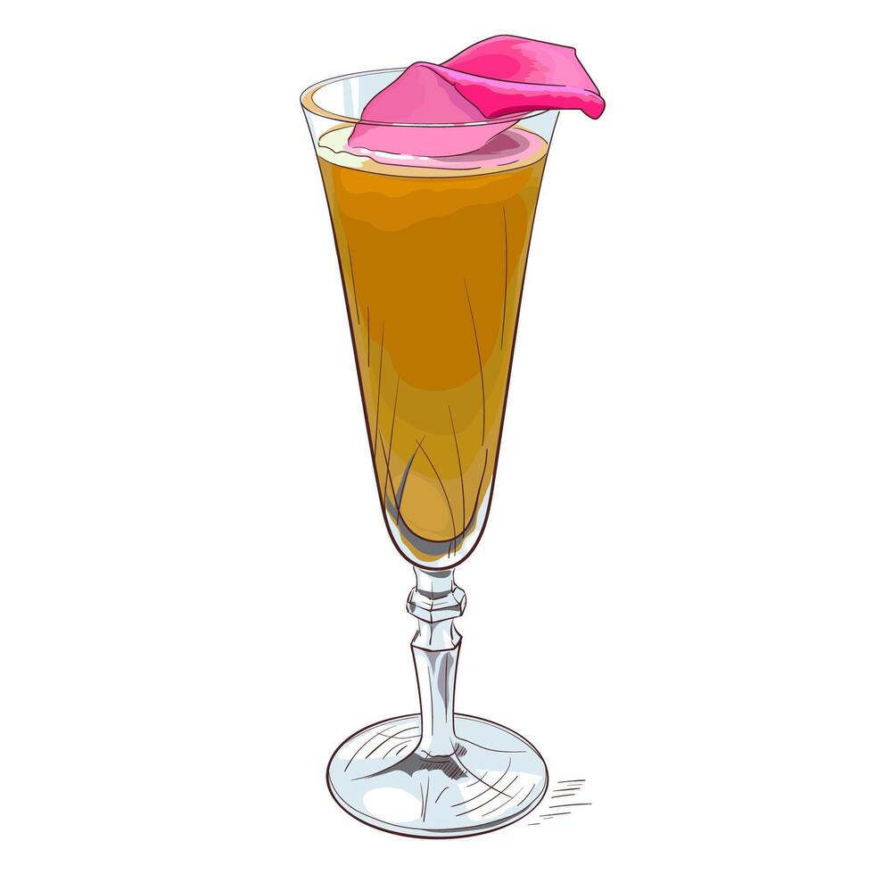 Bright orange cocktail in a champagne glass with a rose petal garnish. Stylish and feminine drink. illustration vector