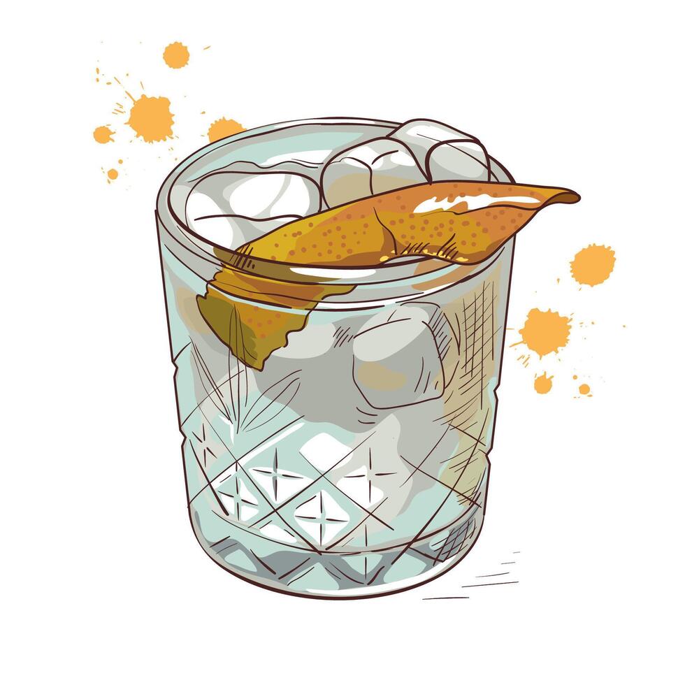Classic cocktail in a lowball glass with ice and orange peel. Ideal for bourbon or whiskey drink designs vector