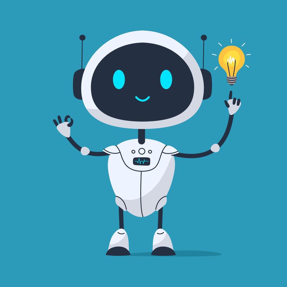 Cute smiling robot with cheerful expression helps in finding ideas and inspiration. Friendly and positive futuristic character for apps, games, or tech designs vector