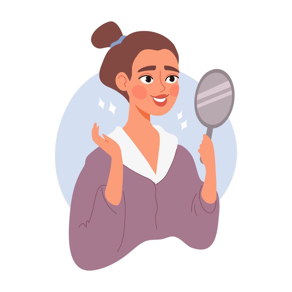 Beautiful woman looking in mirror after skincare. Concept of skincare, beauty transformation, and cosmetic results vector