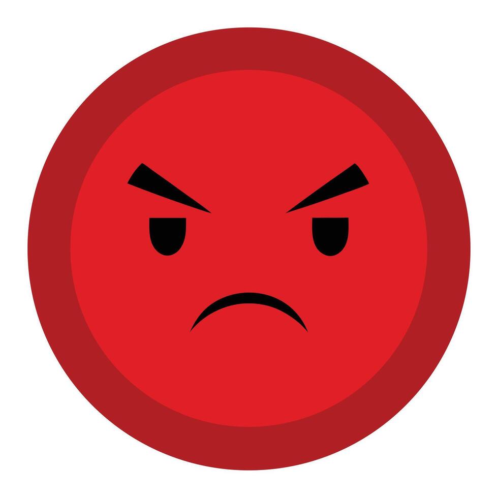 Red Round Angry Emoji Face with Frowning Eyebrows and Mouth Isolated on White vector