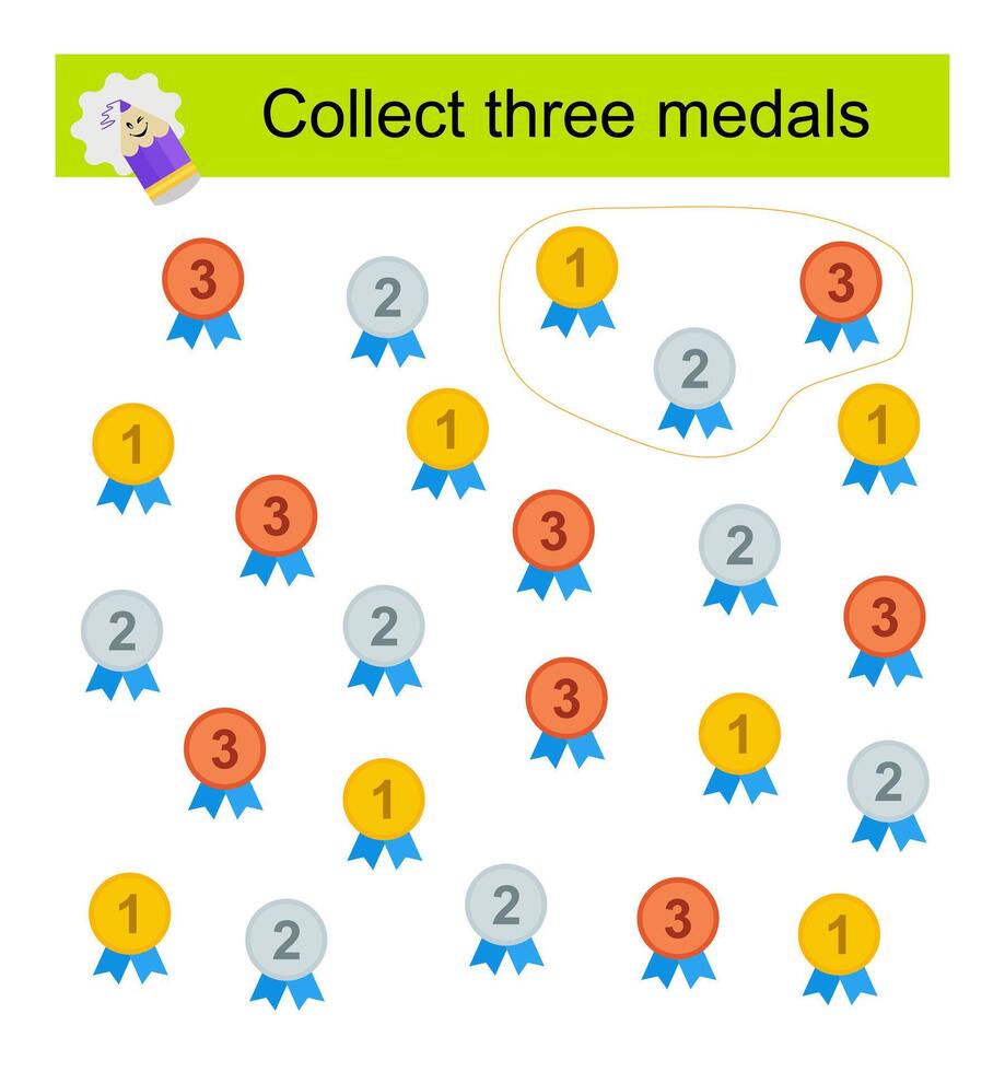 Puzzle game. Collect the three medals. illustration of gold, silver and bronze medals. vector