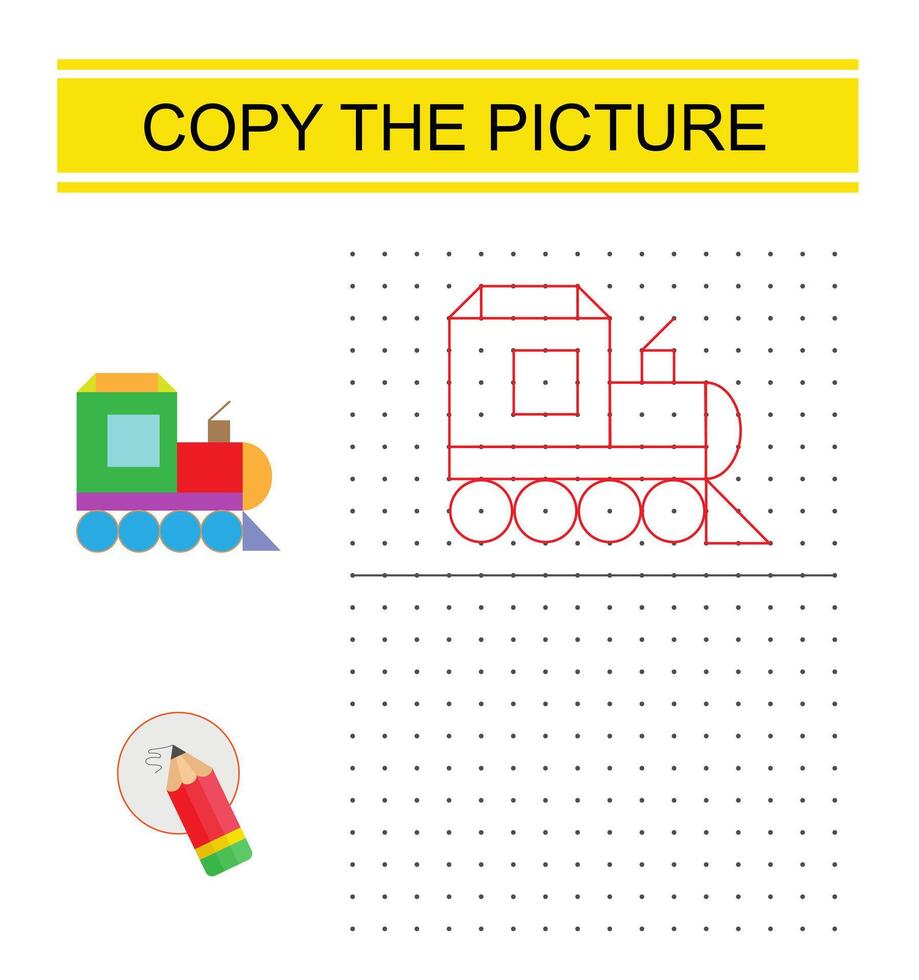 Education game for preschool kids. Copy the cartoon locomotive picture by connecting the dot. Dot to dot copy practice. vector