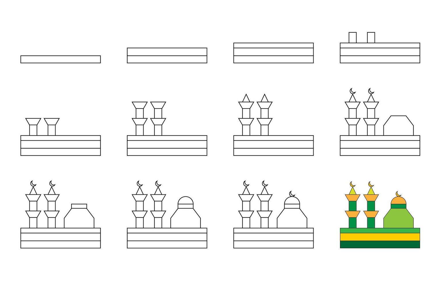 Worksheet easy guide to drawing cartoon mosque. Simple step-by-step drawing tutorial for kids. vector