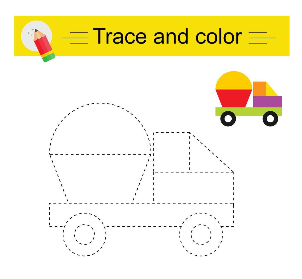 Trace and color for children. Preschool worksheet for practicing fine motor skills. Cartoon truck. vector