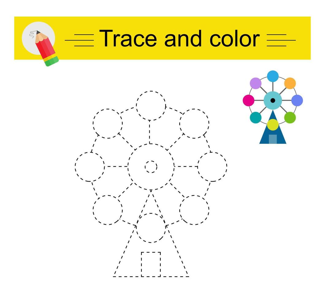 Trace and color for children. Preschool worksheet for practicing fine motor skills. Cartoon Ferris wheel. vector