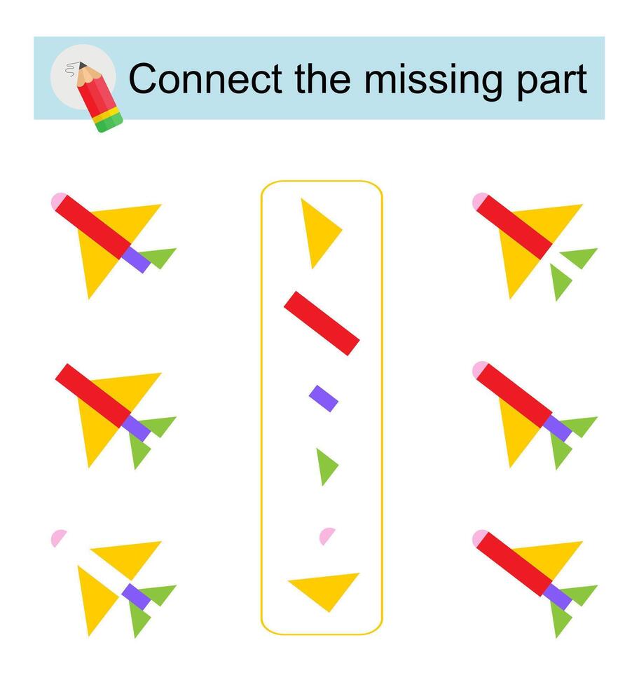 Connect the missing part. Task for the development of attention and logic. Cartoon rocket. vector
