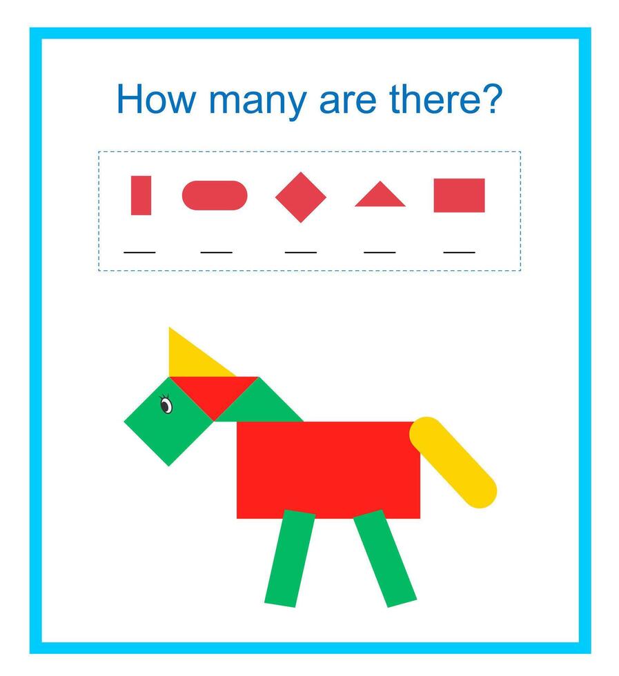 Math activity for kids. How many geometric shapes illustration of the cartoon horse. vector