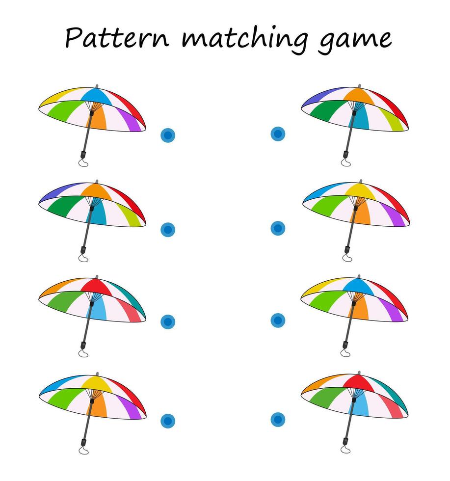 Pattern matching game. Task for the development of attention and logic. illustration of the cute umbrellas. vector