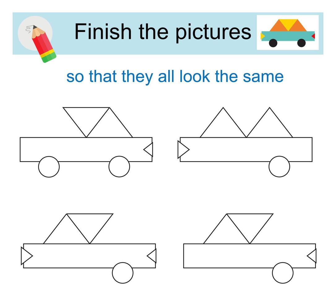 Activity for kids. Finish the pictures so that they all look the same. cartoon car. vector