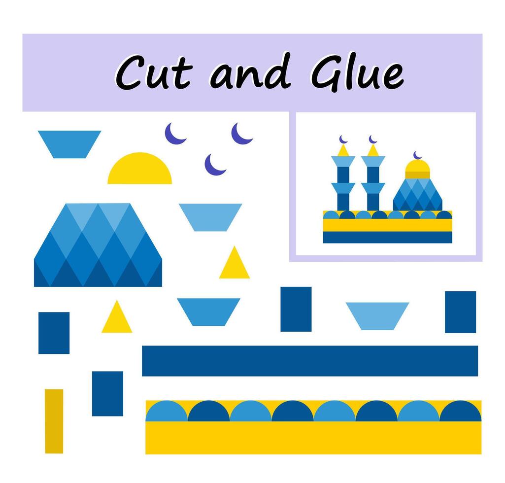 Educational paper game for children. Cut parts of the image and glue on the paper. DIY worksheet. illustration of mosque. vector