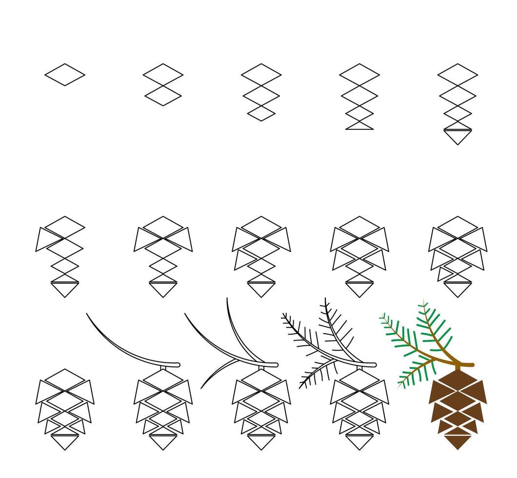 How to draw step by step Worksheet easy guide to drawing cartoon pine cone. vector