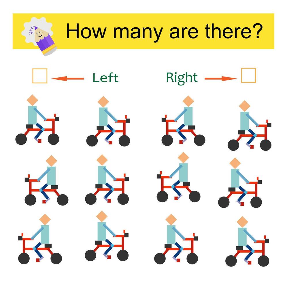 Math activity for kids. Developing numeracy skills. Cartoon bicycler. vector