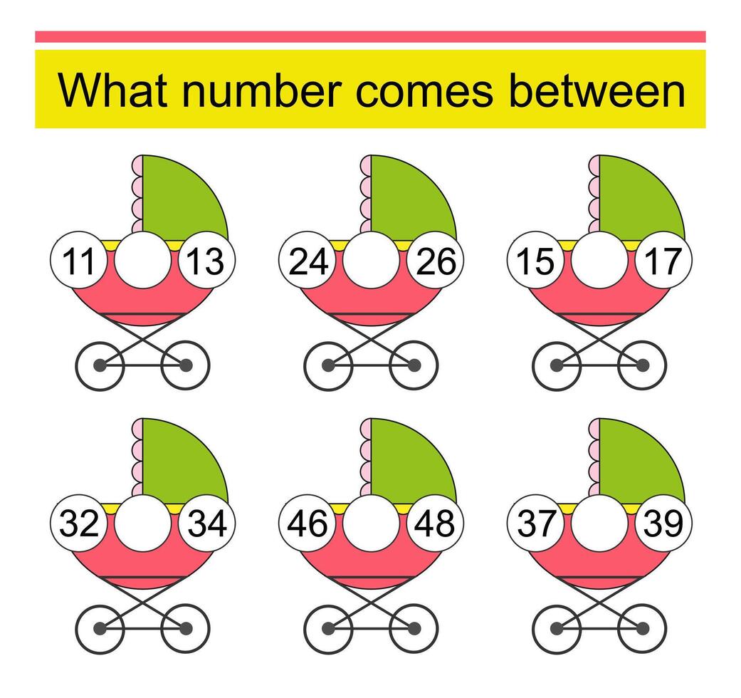 What number comes between Math worksheets for children. Cartoon baby carriage vector