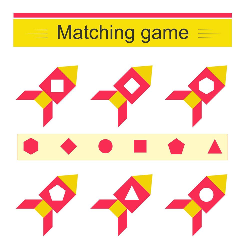 Matching game. Task for the development of attention and logic. Cartoon rocket. vector