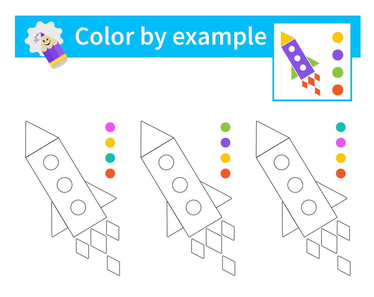 Educational game for kids. Coloring pages. Color by example. Cartoon rocket. vector
