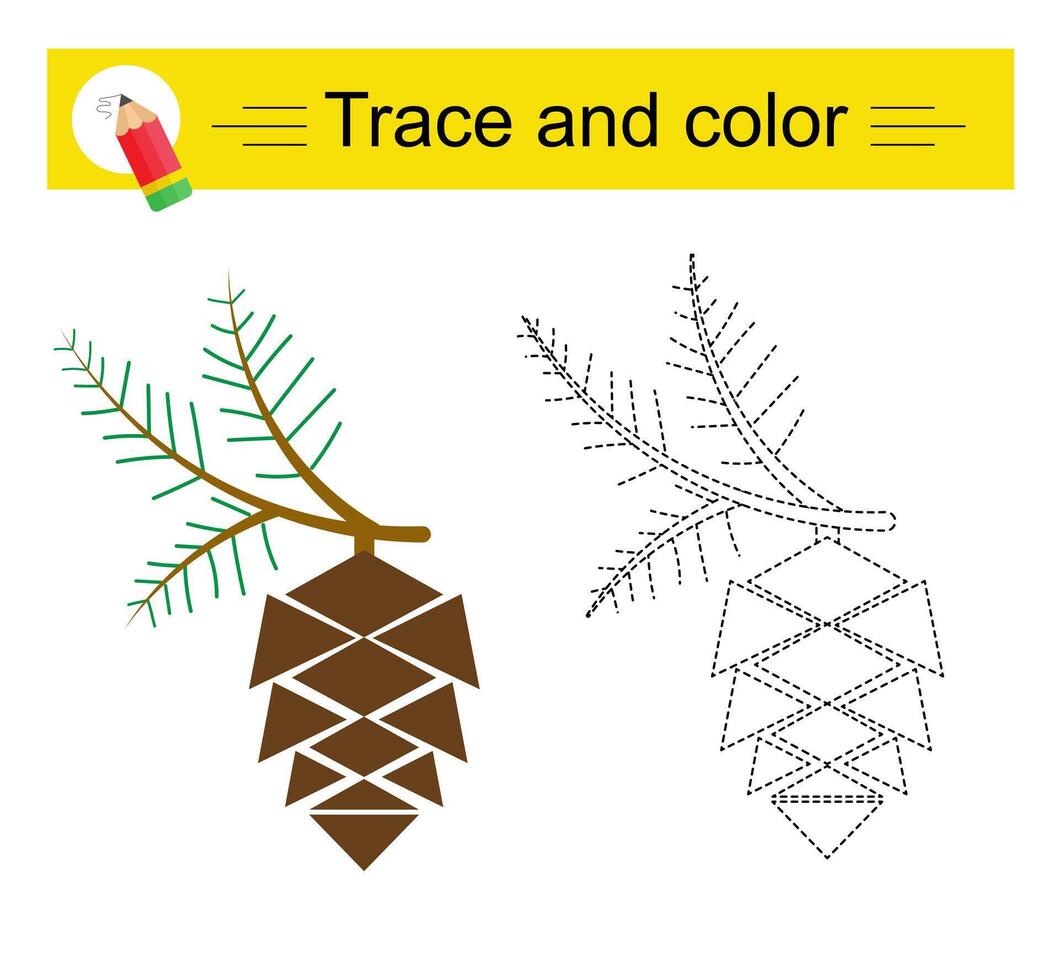 Trace and color for children. Preschool worksheet for practicing fine motor skills. Cartoon pine cone. vector