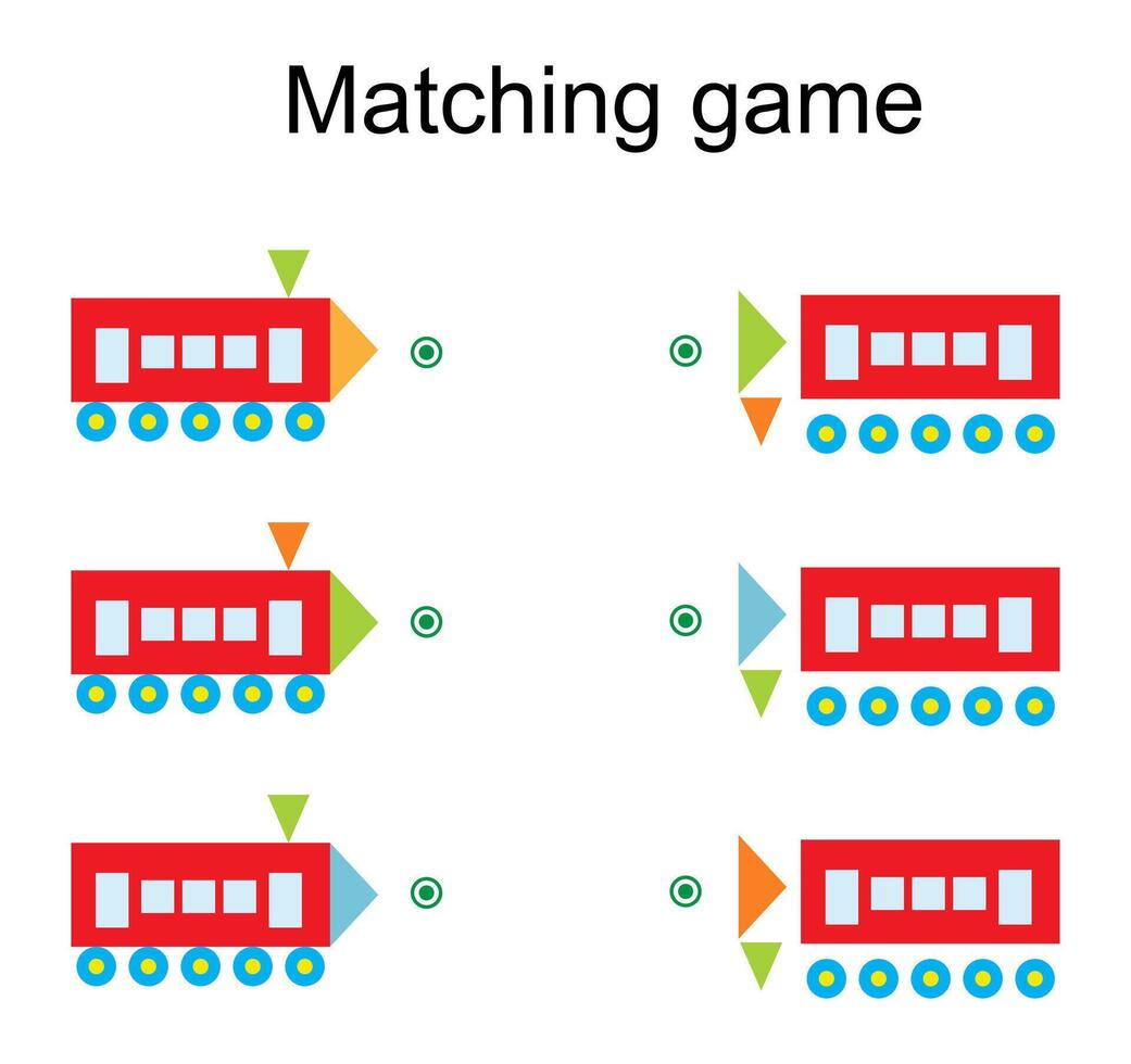 Matching game for kids. Find the correct color of cartoon train and match. vector