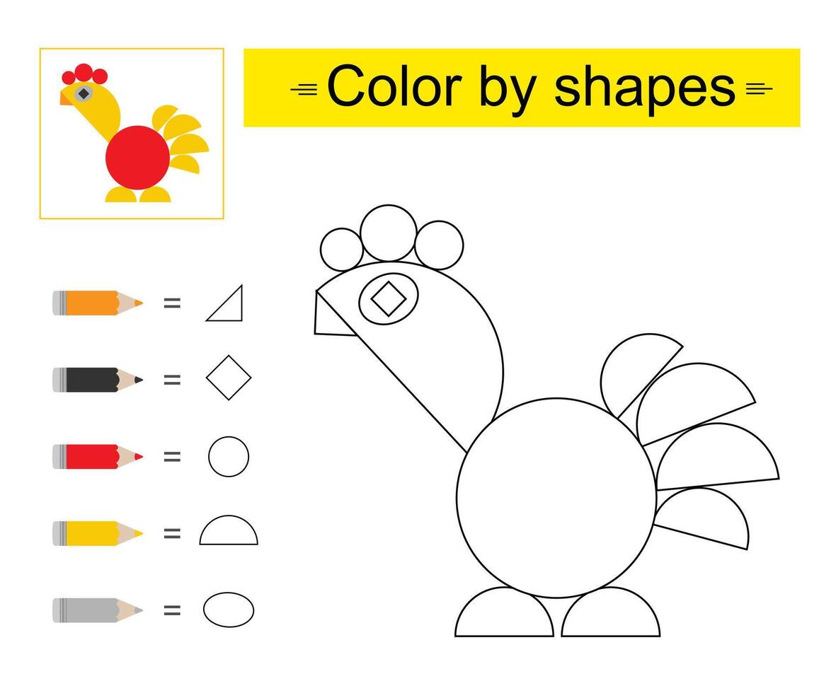 Educational game for kids. Coloring pages. Color by shapes. Cartoon rooster. vector