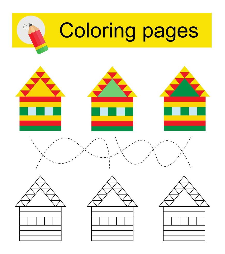 Go through the maze and color a cartoon house according to the pattern. vector
