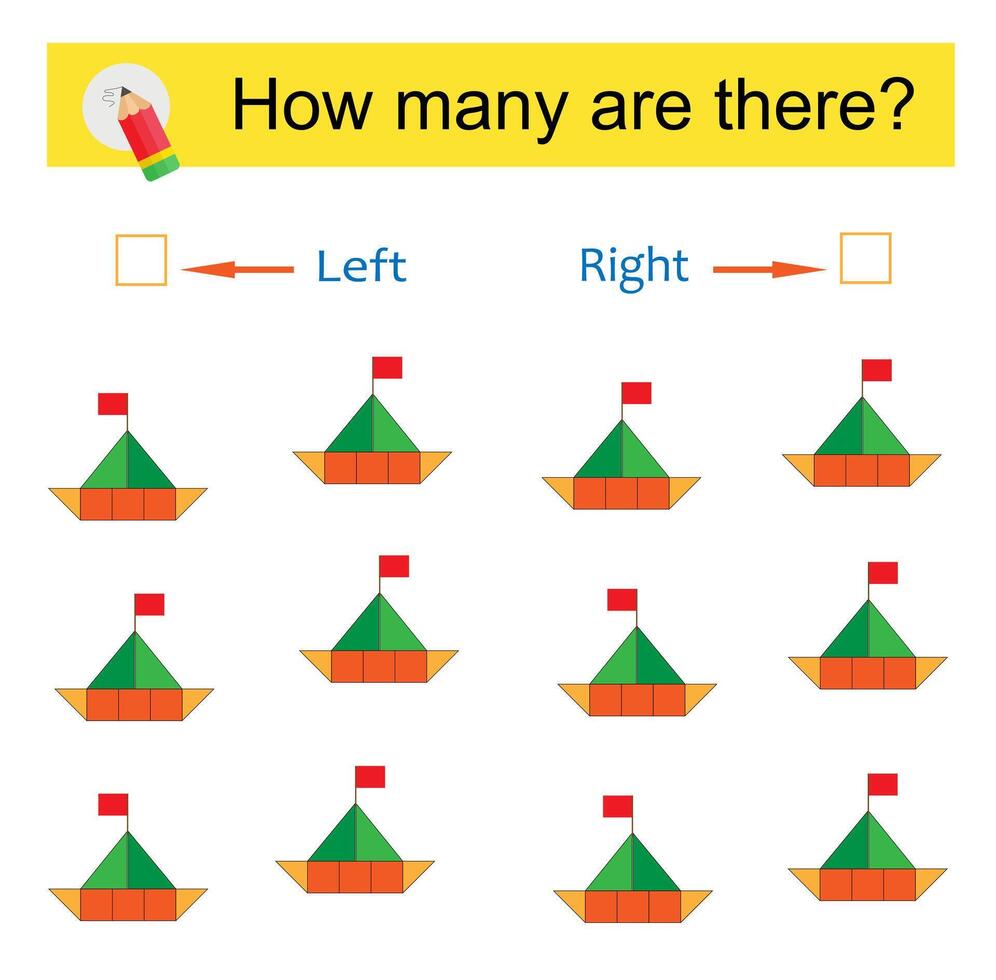 Math activity for kids. Developing numeracy skills. Cartoon boat. vector