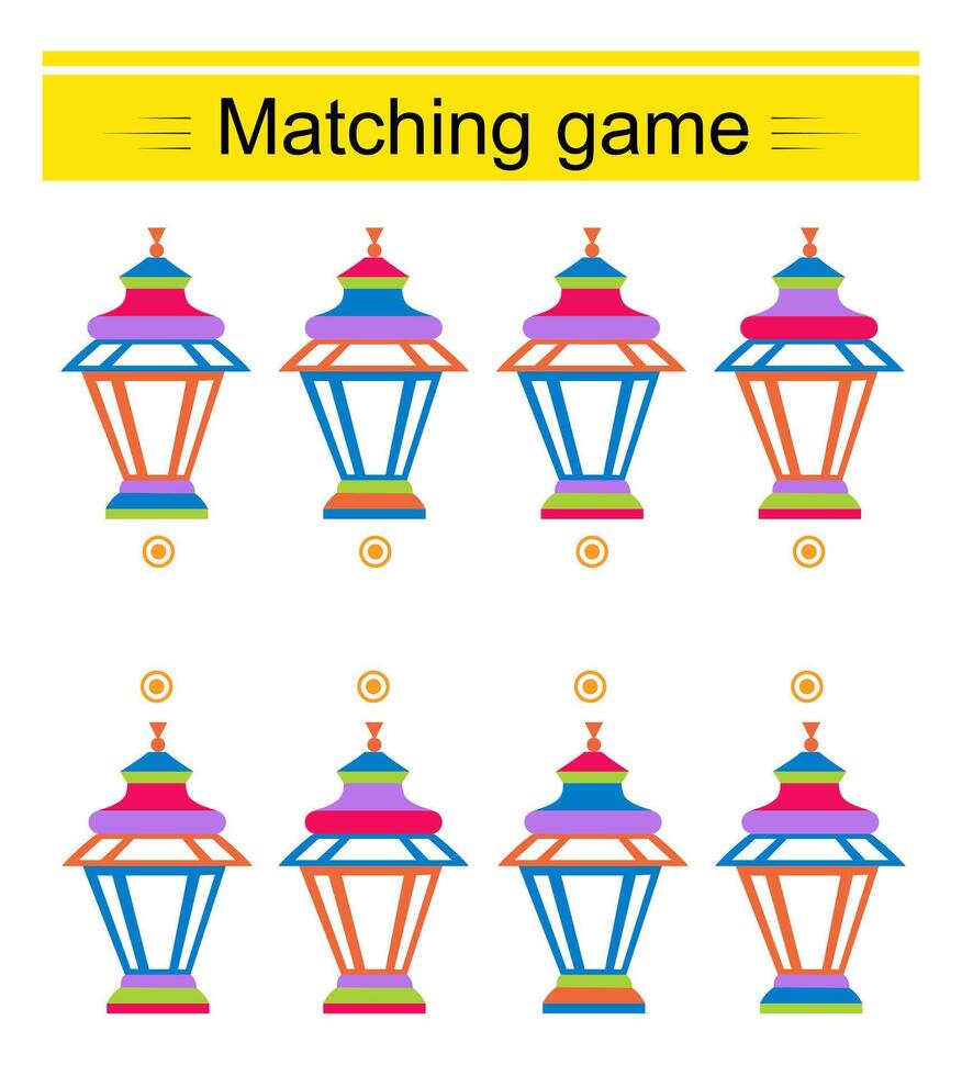Matching game for kids. Find the correct color of a lamp and match. vector
