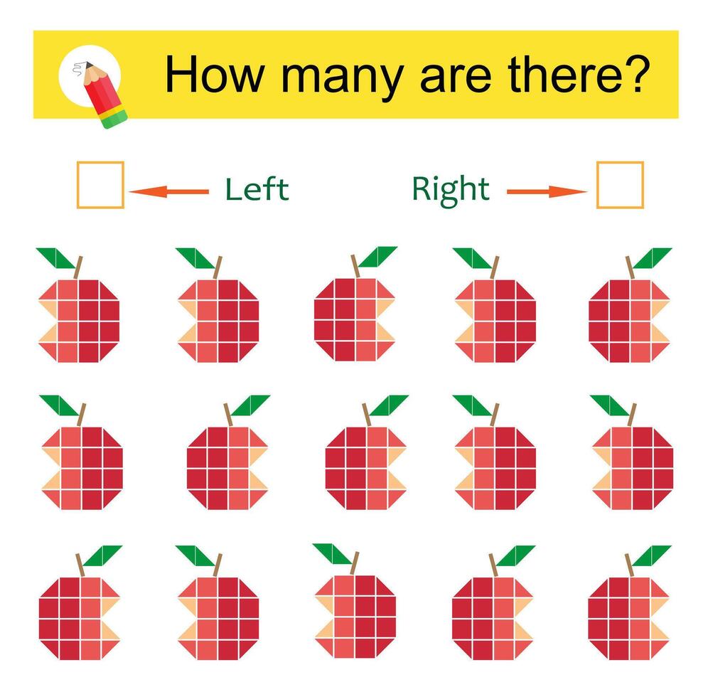 Math activity for kids. Developing numeracy skills. Cartoon red apples. vector