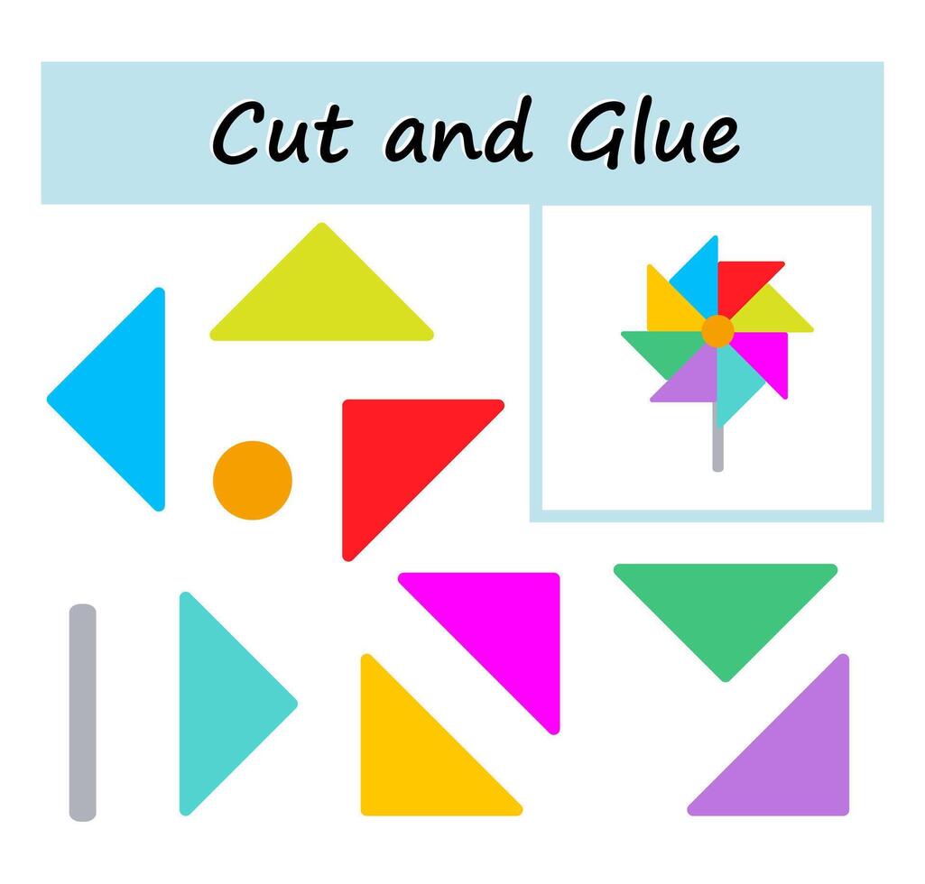 Cut parts of the image and glue on the paper. DIY worksheet. illustration of pinwheel from geometric shapes. vector