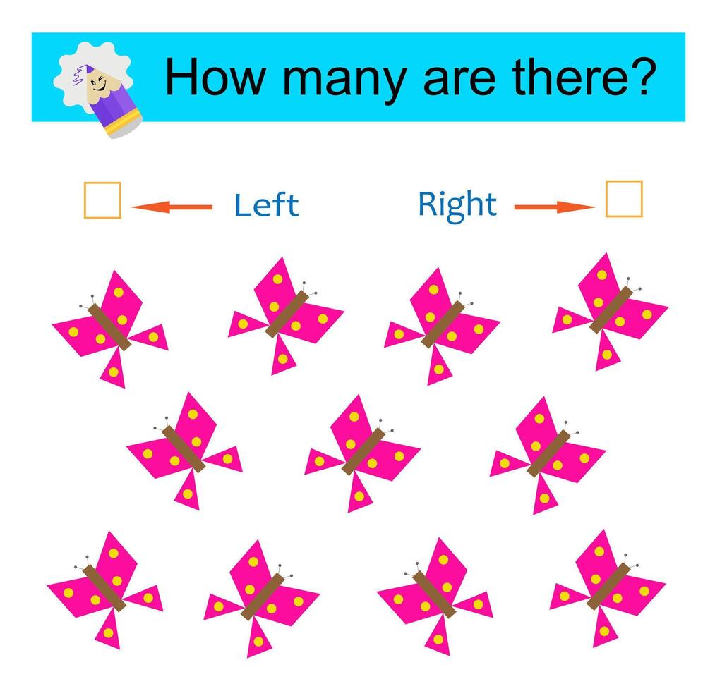 Left or Right. Logic game for kids. Count how many cartoon butterflies are turned left and how many are turned right. vector